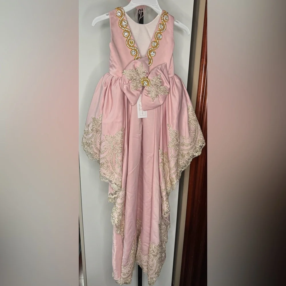 Handmade Graceful Pink and Gold hi low dress with Floral lace Embellishments - Picture 4 of 5